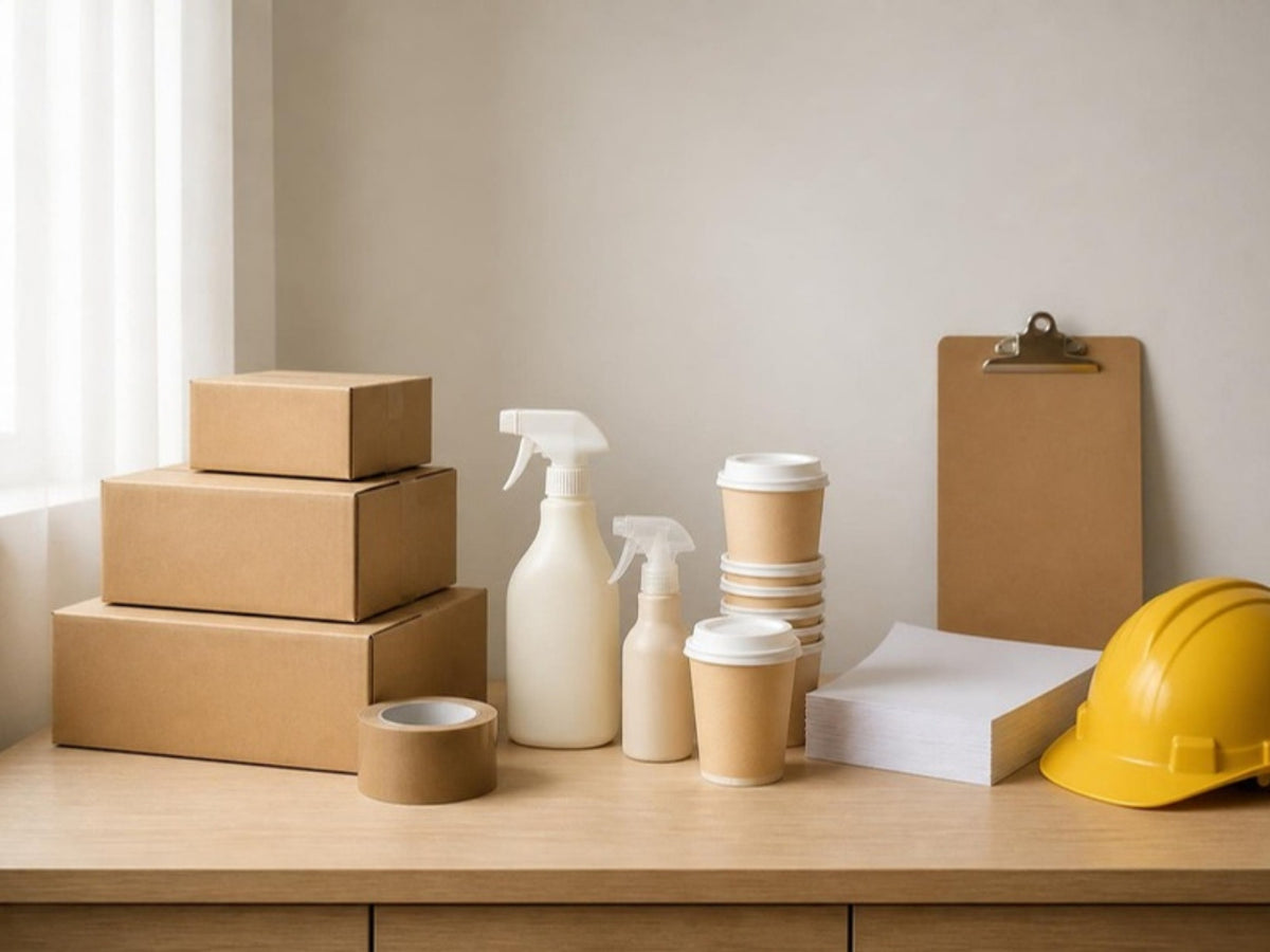 Business supplies neatly arranged on a counter