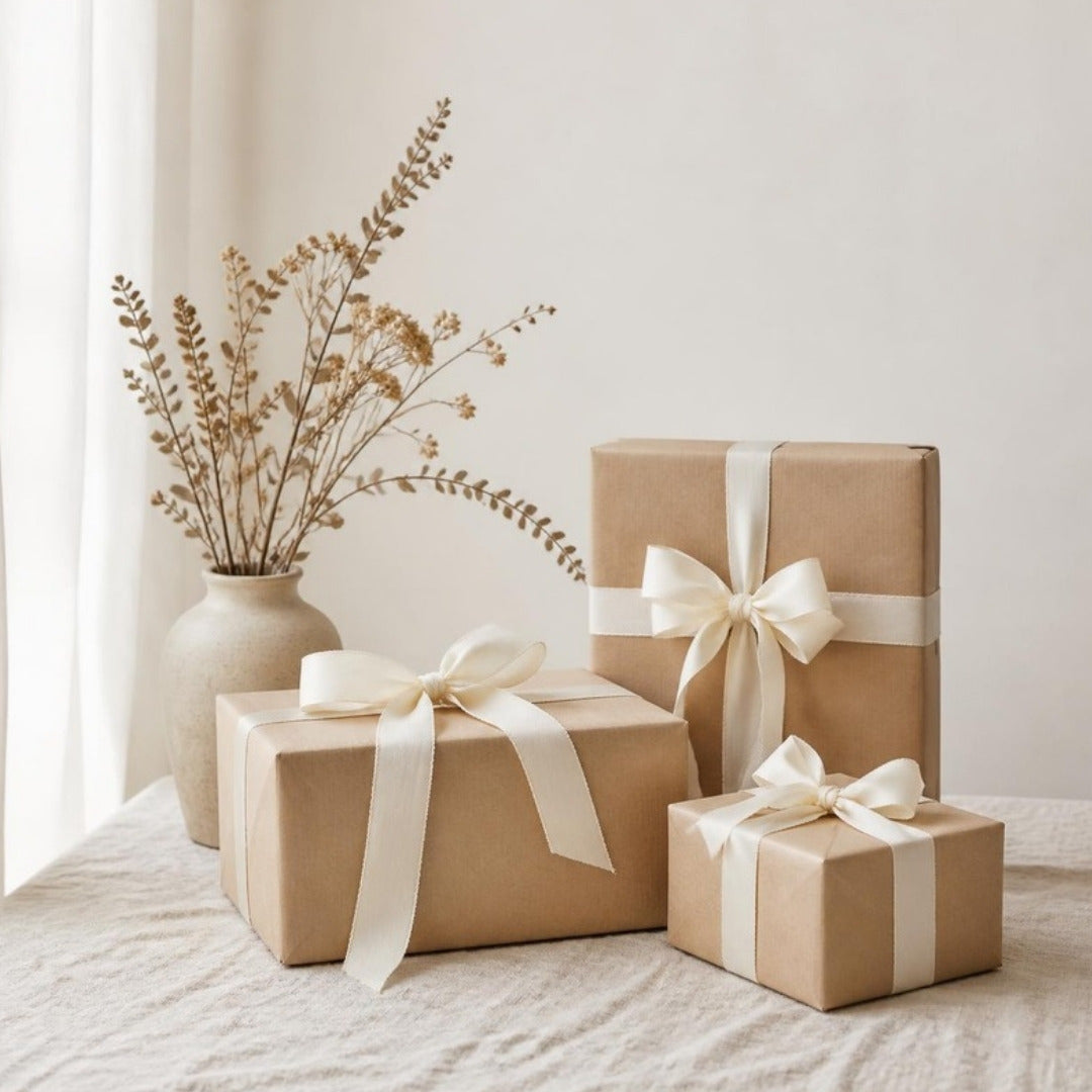 Trio of kraft paper gift boxes tied with cream ribbon on cream linen