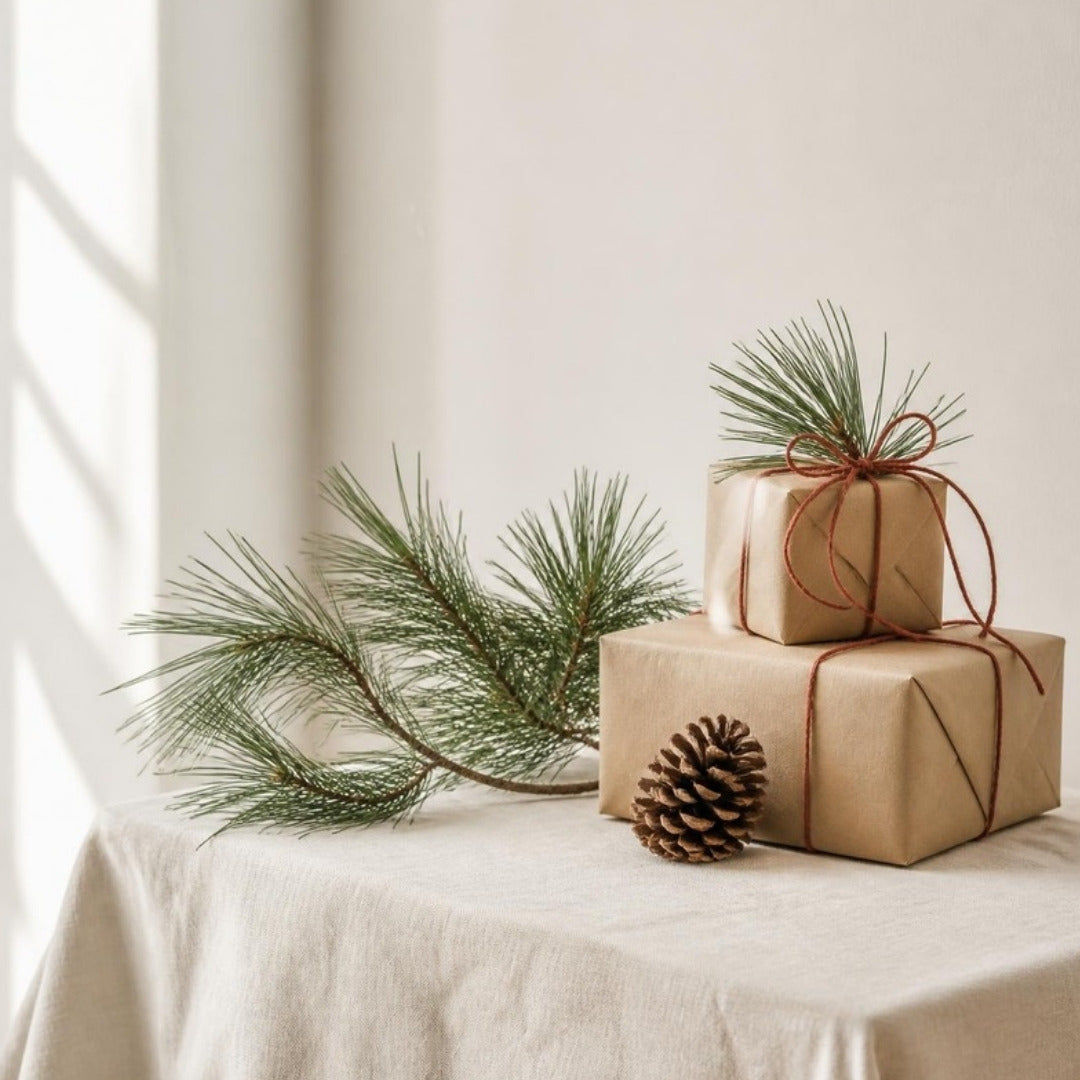 Pine sprigs, kraft-wrapped gifts tied with red twine and a pinecone on cream linen
