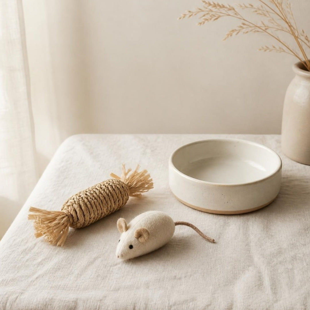 Woven catnip toy, felt mouse and ceramic cat bowl on cream linen