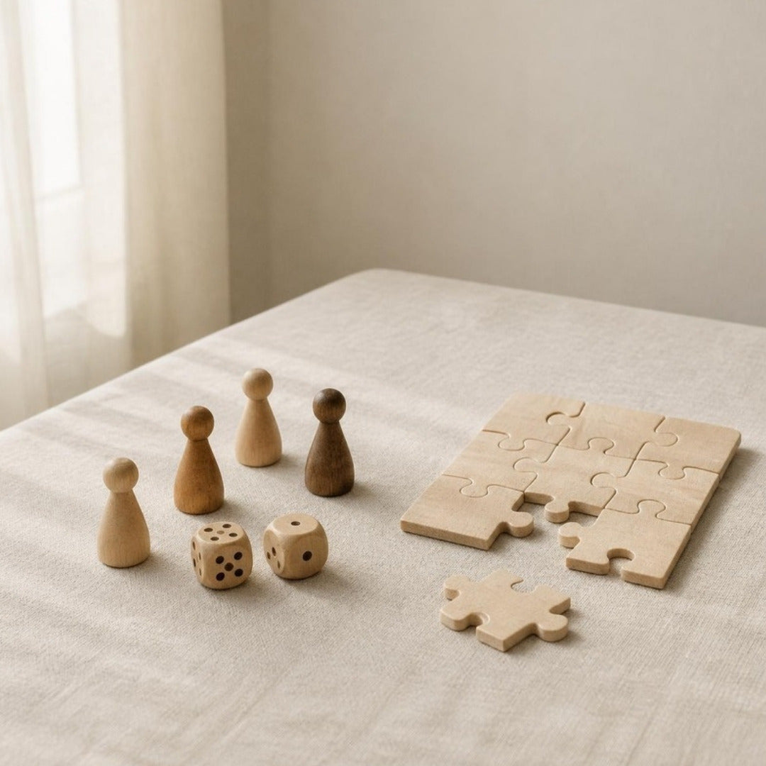 Wooden game pieces, dice and a wooden jigsaw puzzle on cream linen