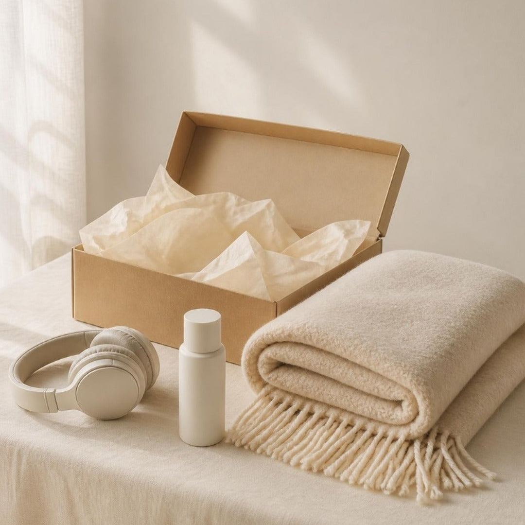 An open gift box with tissue, a folded throw blanket, a skincare bottle and headphones on cream linen