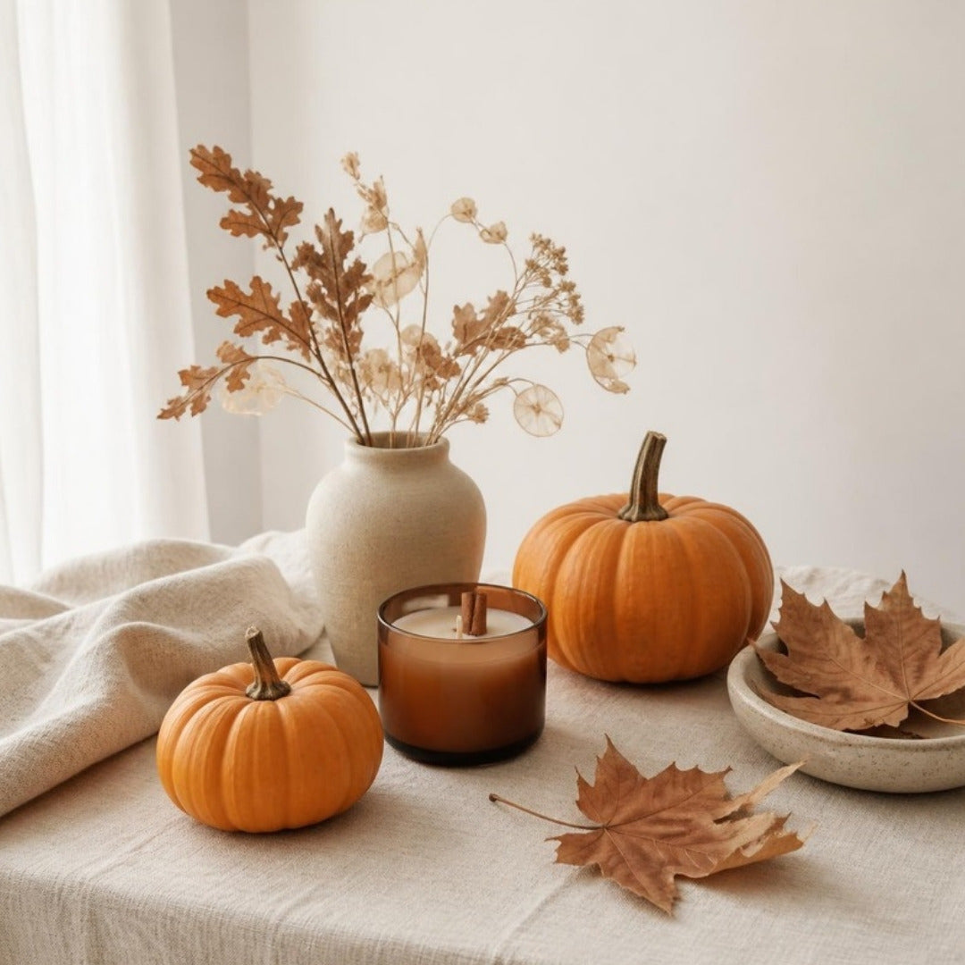 Small orange pumpkins, dried autumn leaves and a cinnamon candle on cream linen