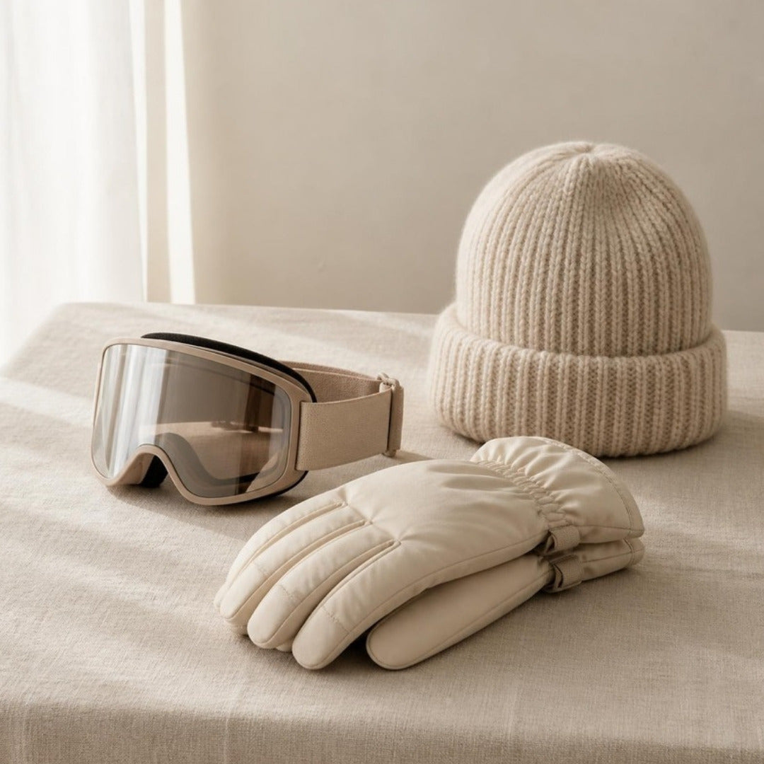 Ski goggles, insulated gloves and a wool toque on cream linen