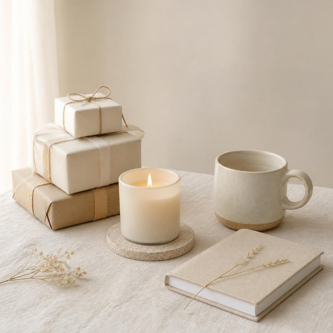 Small wrapped gifts, a candle, a notebook and a ceramic mug on cream linen