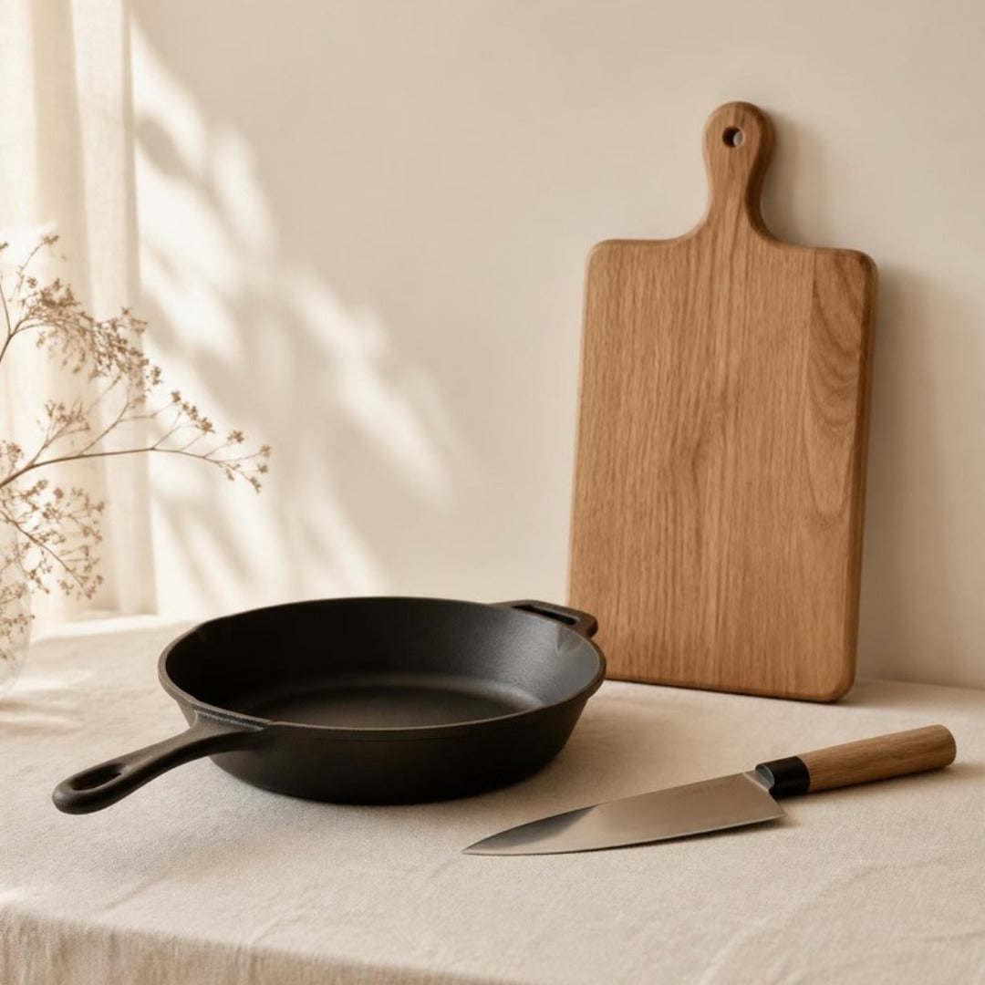 Cast iron skillet, wooden cutting board and chef's knife on cream linen