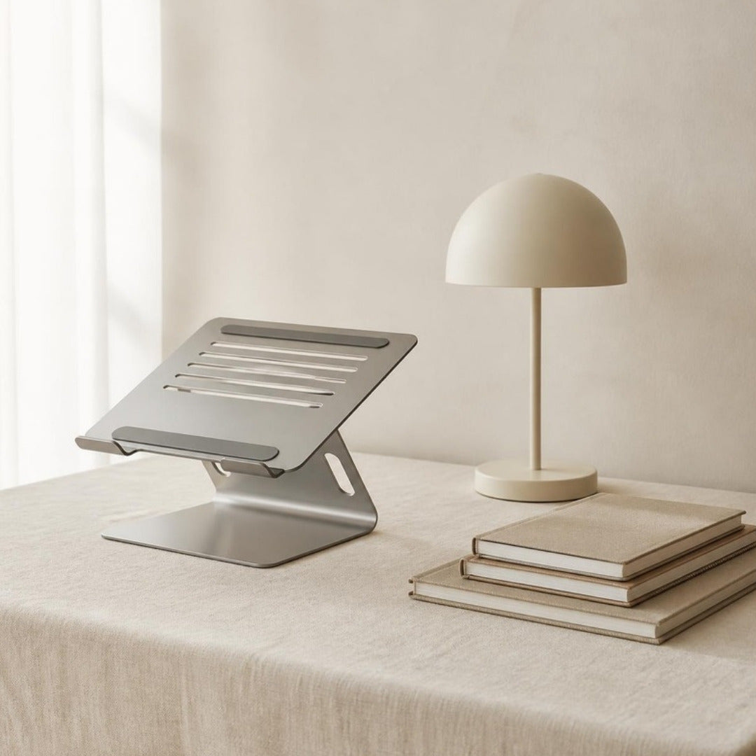 Laptop stand, desk lamp and notebooks on cream linen