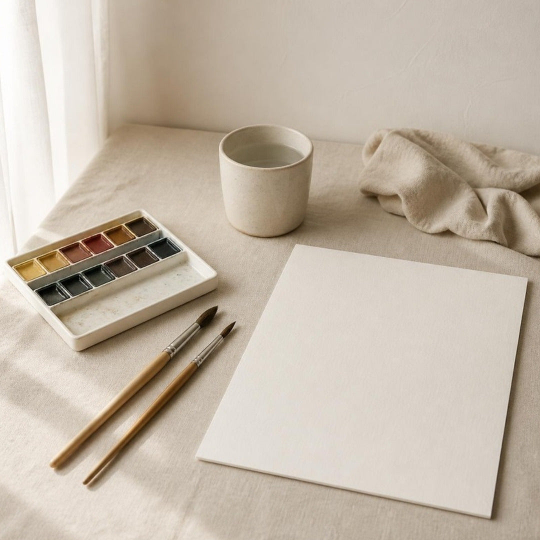 Watercolour palette, brushes and blank paper on cream linen