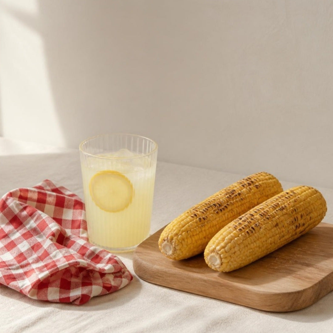Gingham napkin, a glass of lemonade and grilled corn on cream linen