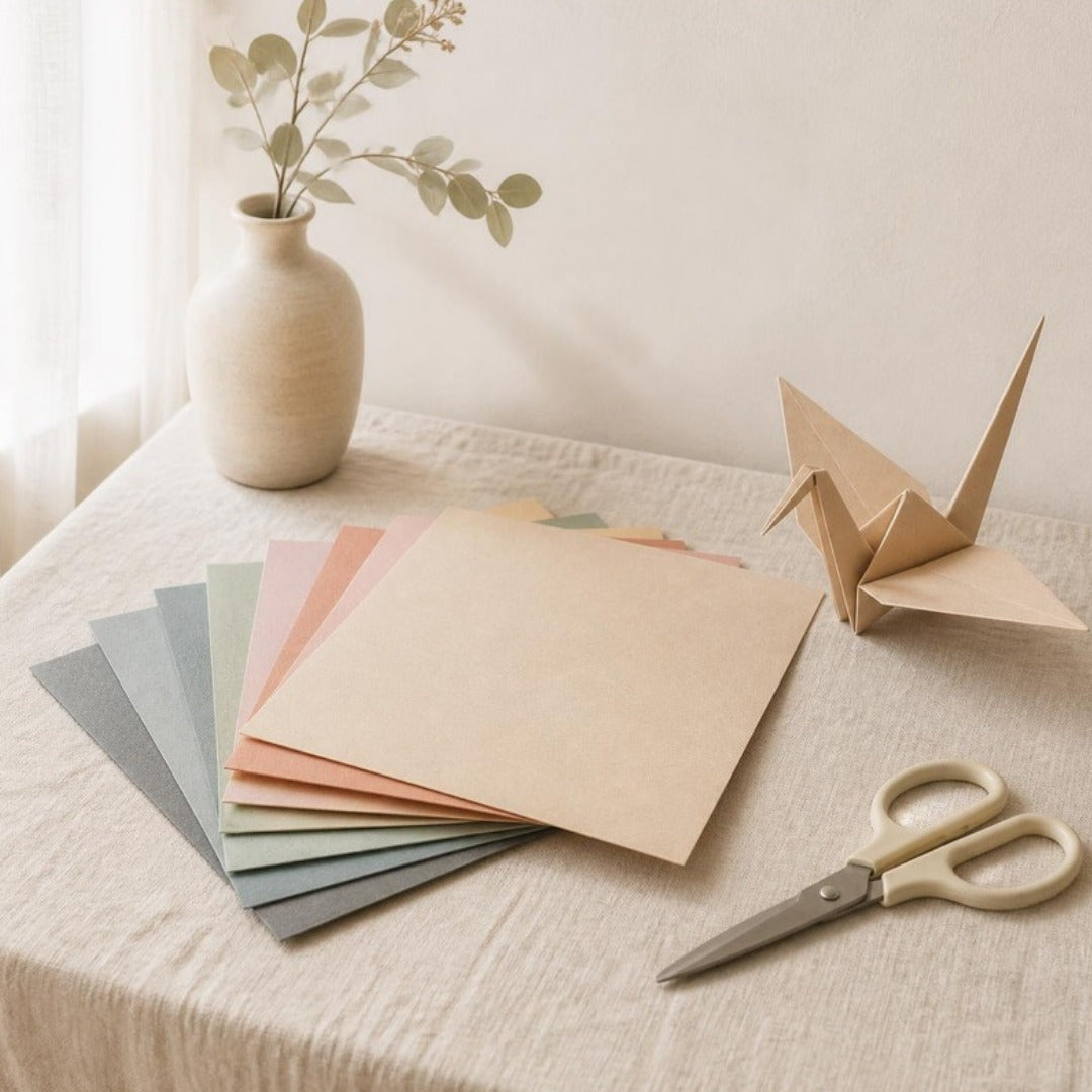 Fanned muted pastel craft paper, folded origami crane and scissors on cream linen