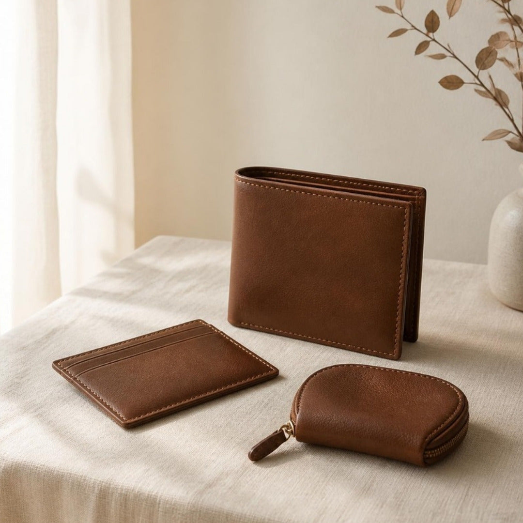Brown leather bifold wallet, card holder and coin pouch on cream linen