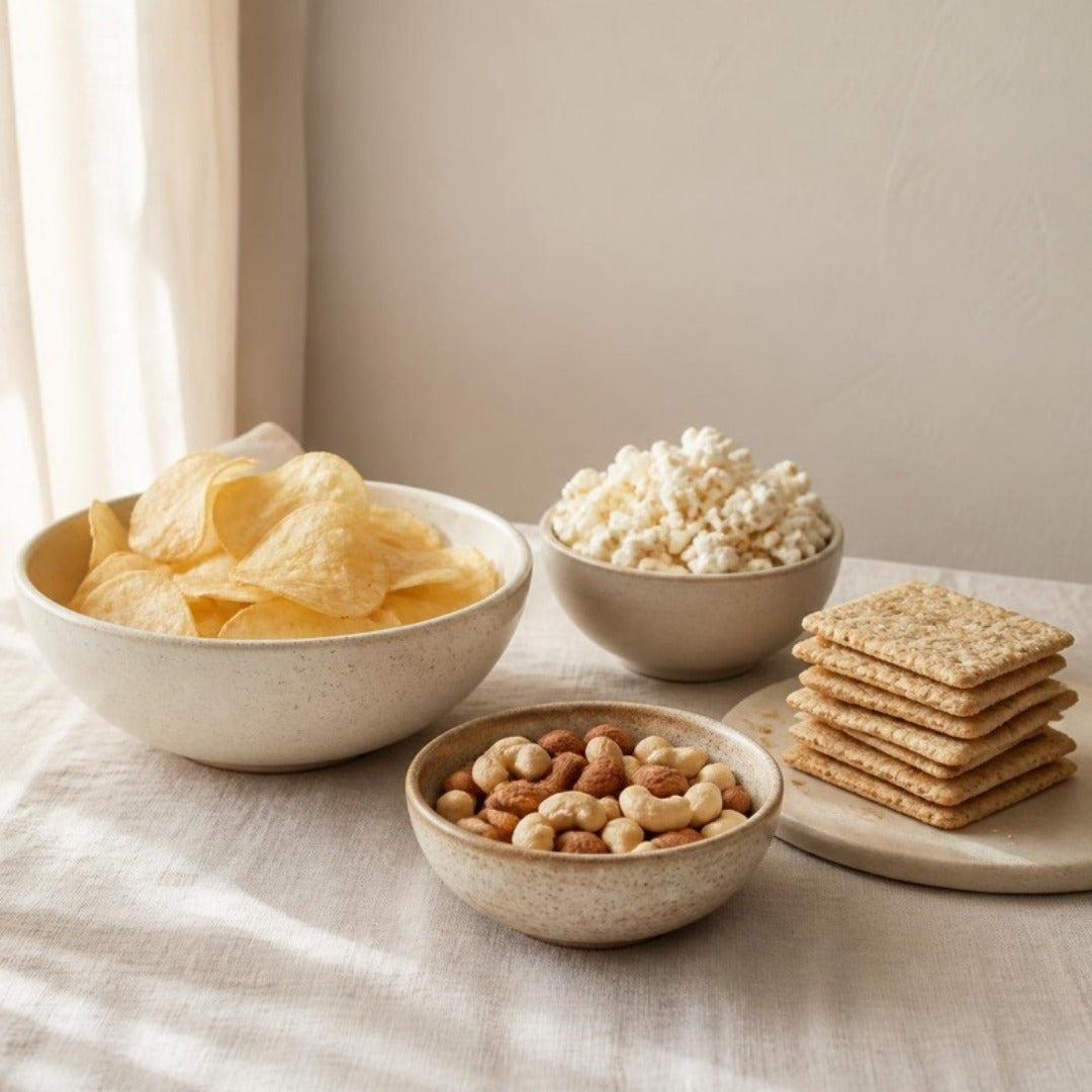 Bowls of potato chips, mixed nuts and popcorn with a stack of crackers on cream linen