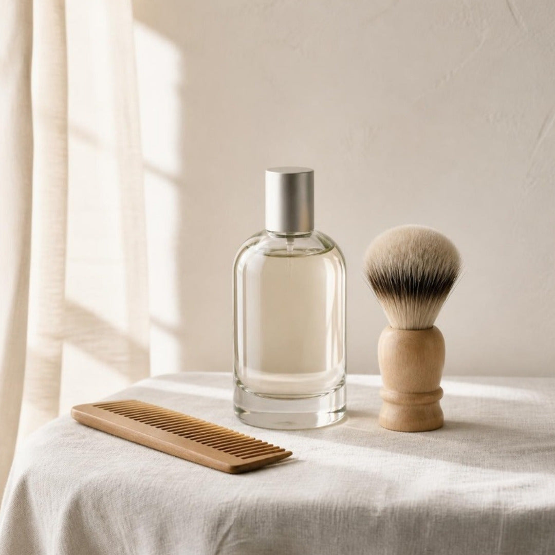 Unlabelled glass bottle, wooden comb and shaving brush on cream linen
