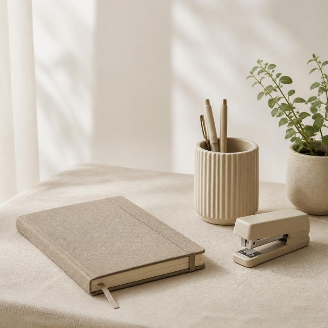A linen notebook, pens in a holder, a stapler and a small desk plant on cream linen