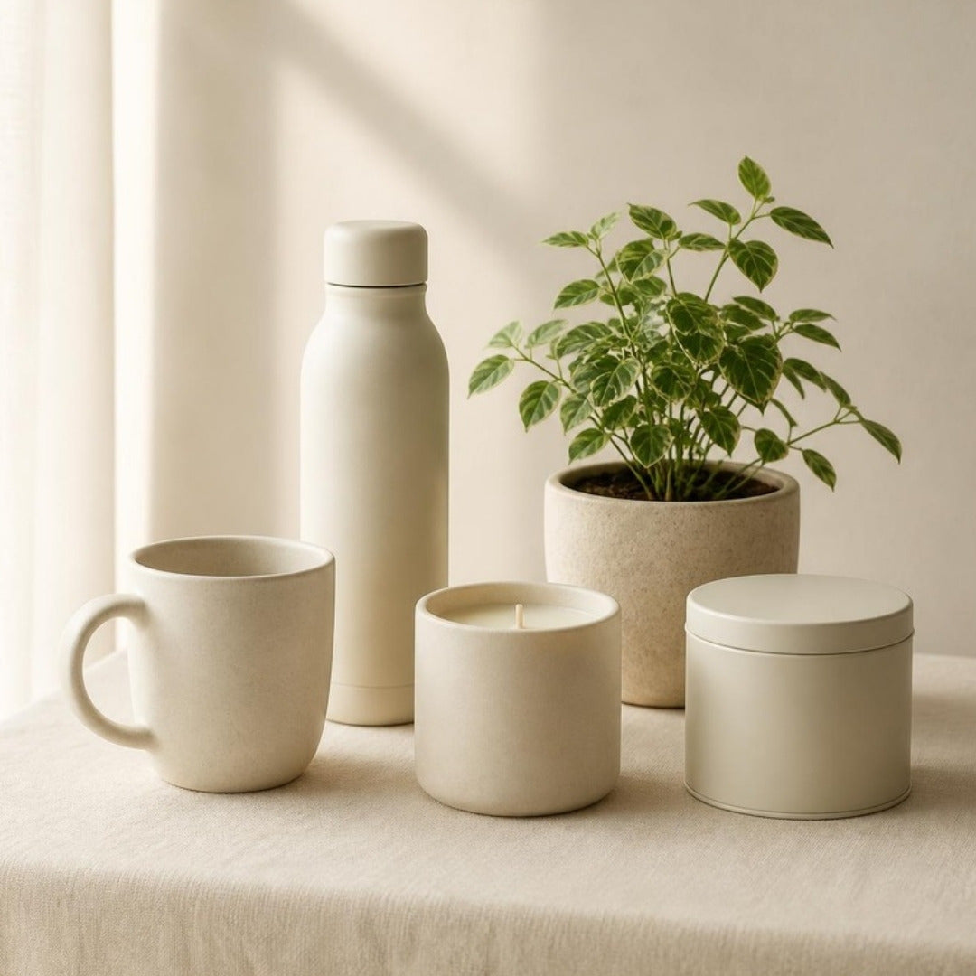 A mug, a water bottle, a candle, a tin and a potted plant in cream tones on linen