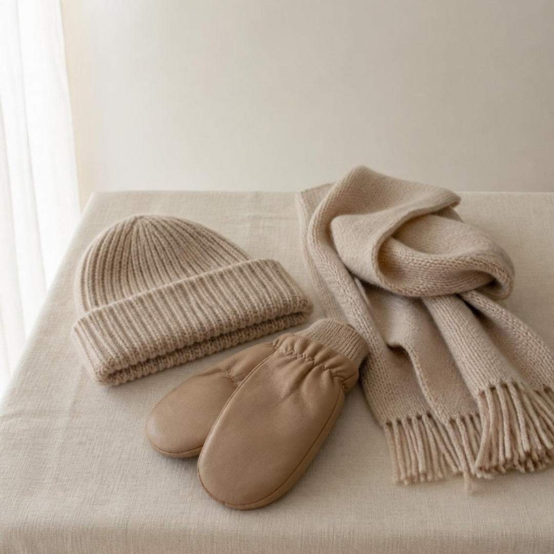 Wool toque, leather mittens and a knit scarf on cream linen