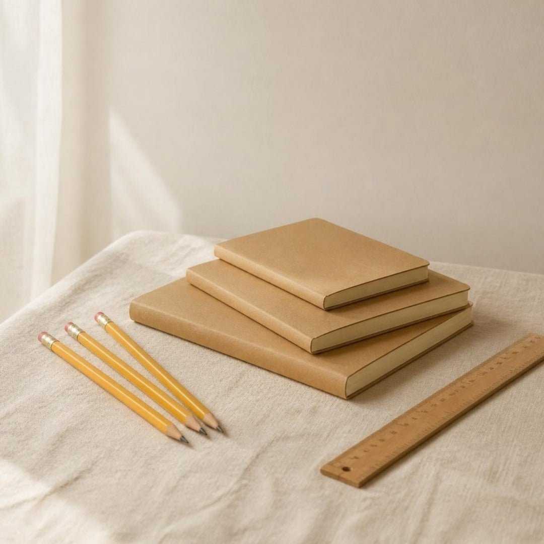 Yellow pencils, plain kraft notebooks and a wooden ruler on cream linen
