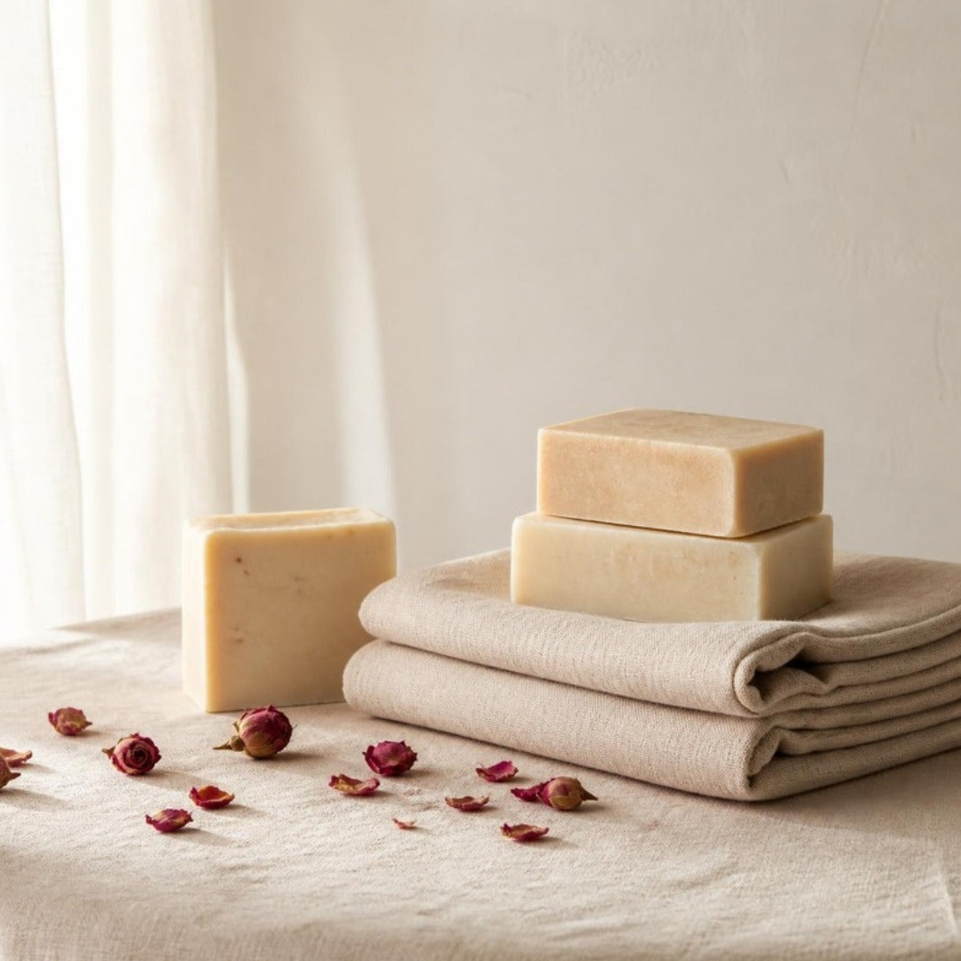 Natural bar soaps, a folded linen towel and dried rose petals on cream linen