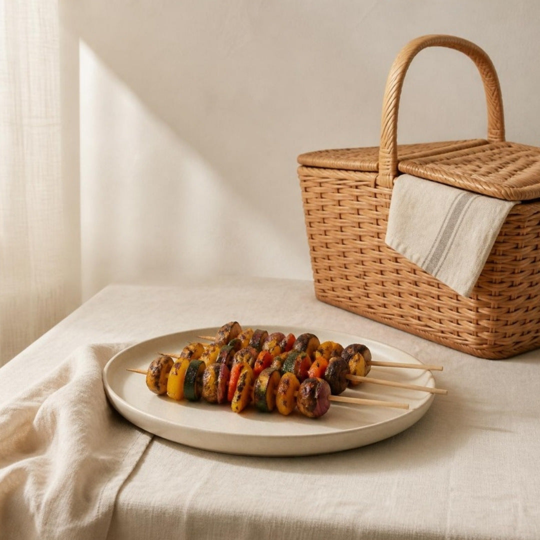 Grilled vegetable skewers and a woven picnic basket on cream linen