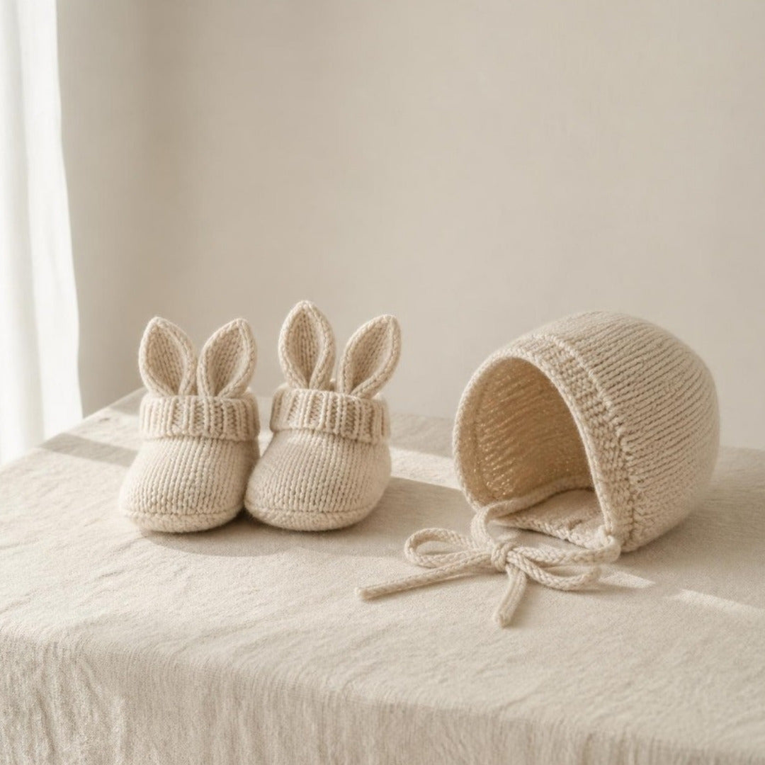 Tiny knit bunny booties and a knit baby bonnet on cream linen