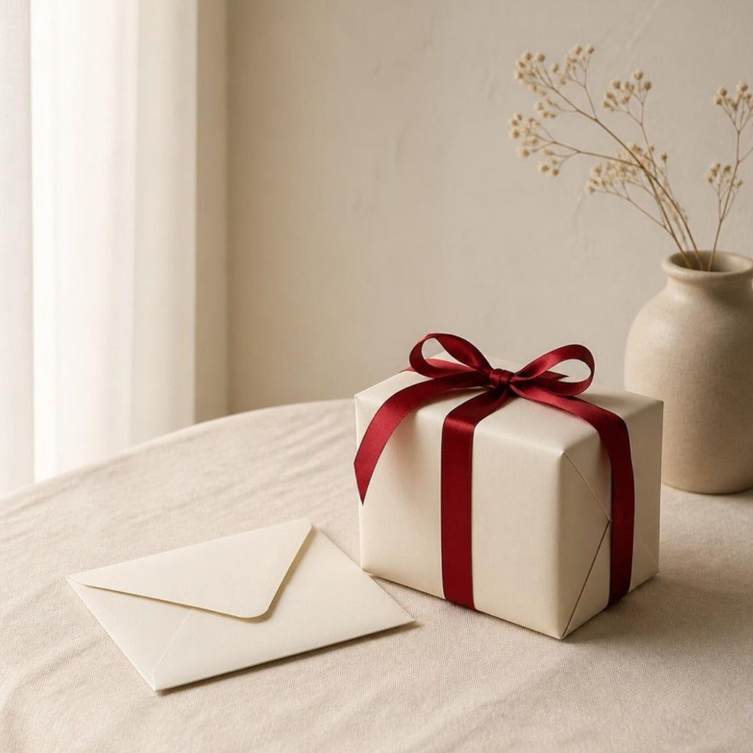 A small gift box with red ribbon and a blank envelope on cream linen