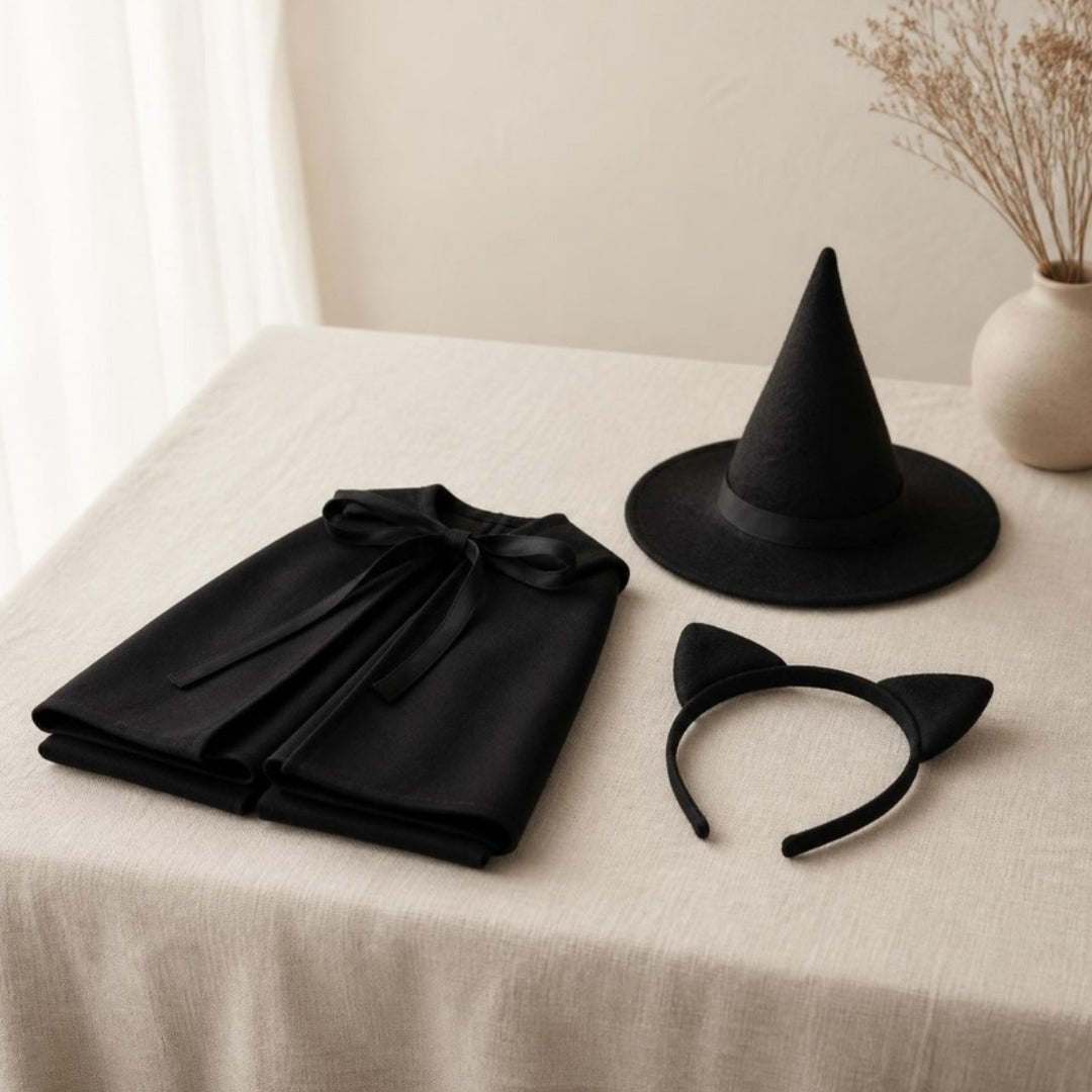 A folded black cape, a small black witch hat and a cat-ear headband on cream linen