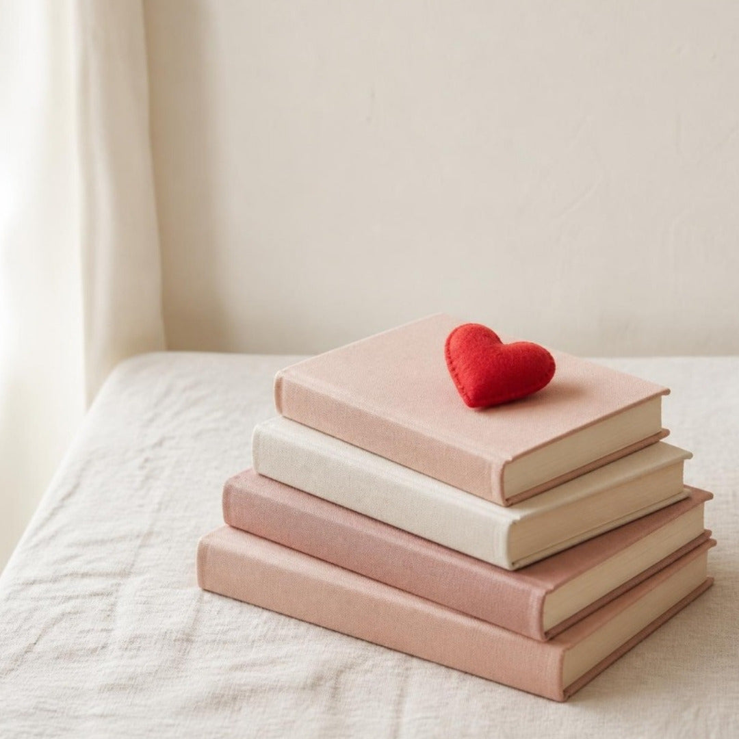 Plain-cover children's books with a red felt heart on cream linen