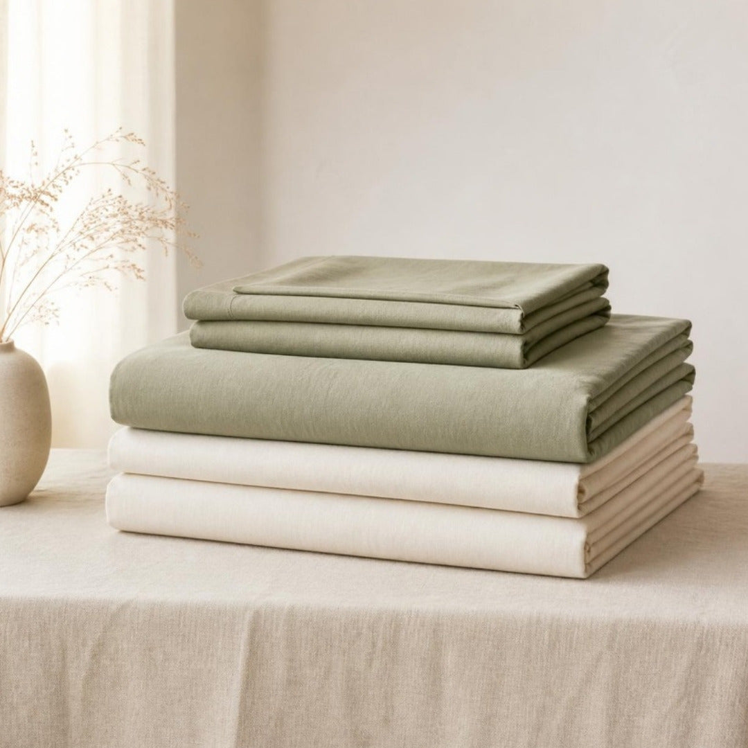 Folded sage and cream bed sheets on cream linen