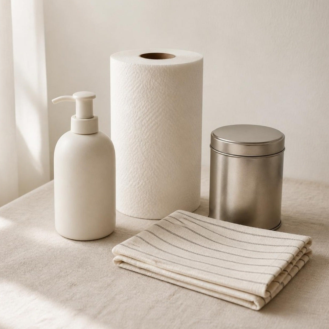 A hand-soap bottle, paper towel roll, tea tin and folded dish towel on cream linen