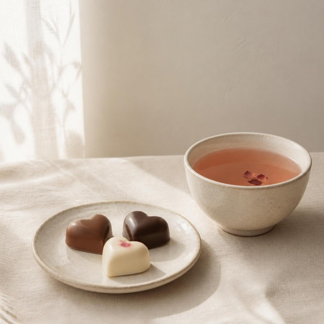 Heart-shaped chocolates and a cup of rose tea on cream linen