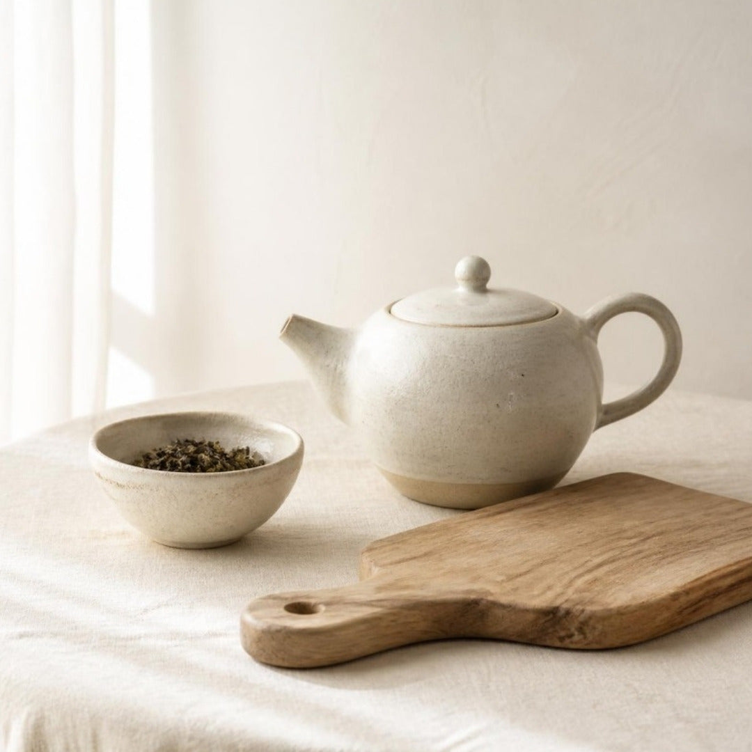 Ceramic teapot, loose-leaf tea and a wooden cutting board on cream linen