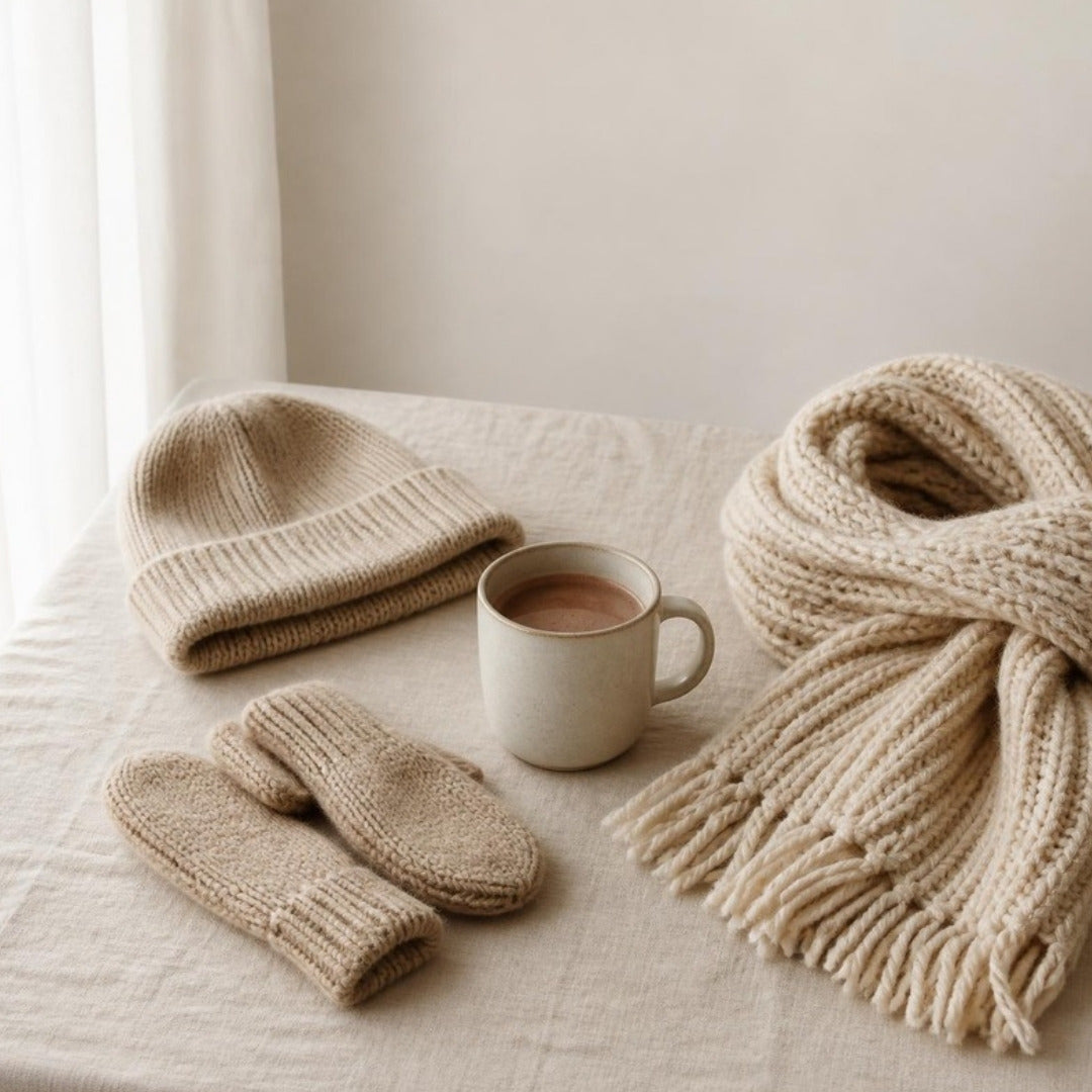 A knit toque, wool mittens, a mug of hot chocolate and a chunky knit scarf on cream linen
