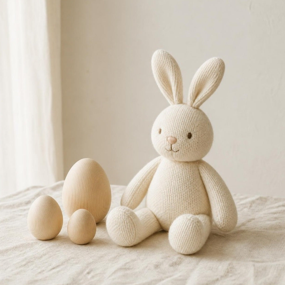 Knit bunny plush and wooden eggs on cream linen