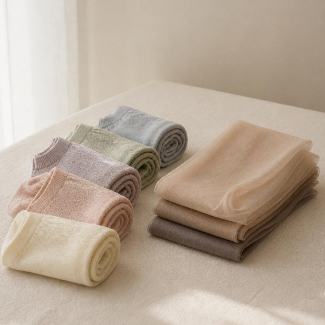 Rolled pastel ankle socks and folded sheer tights on cream linen