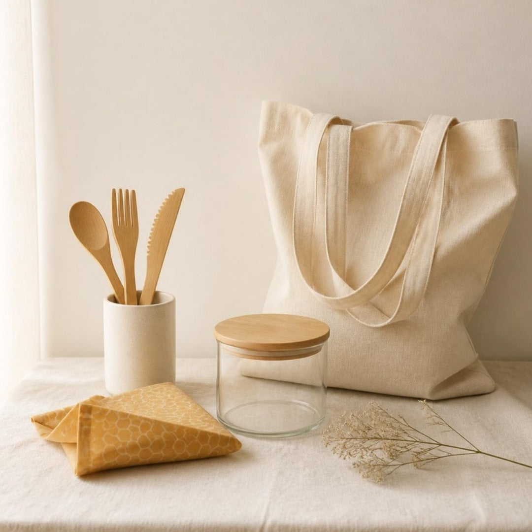Bamboo utensils, a beeswax wrap, a glass jar and a cotton tote bag on cream linen