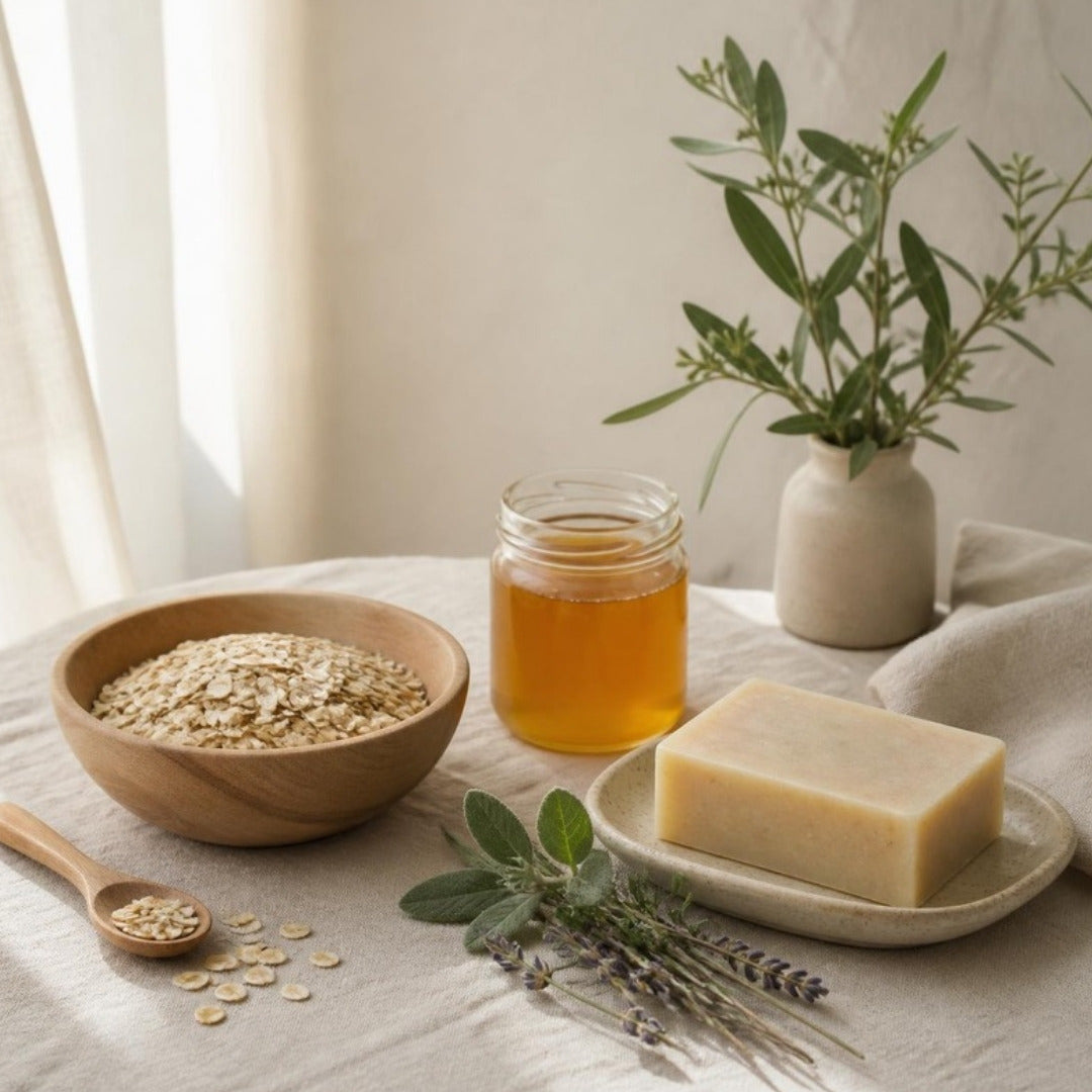A wooden bowl of oats, a jar of honey, fresh herbs and a bar of handmade soap on cream linen