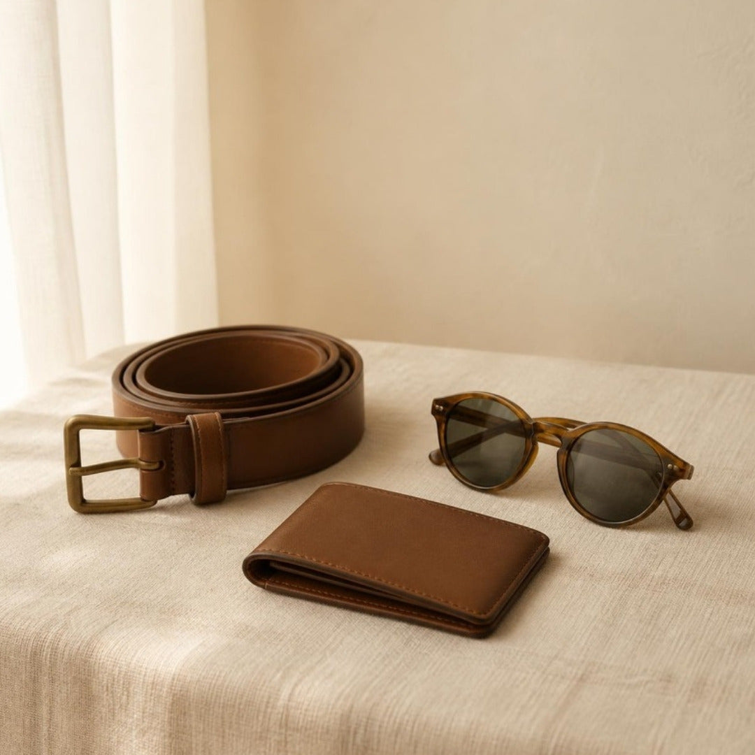 Coiled leather belt, slim wallet and sunglasses on cream linen