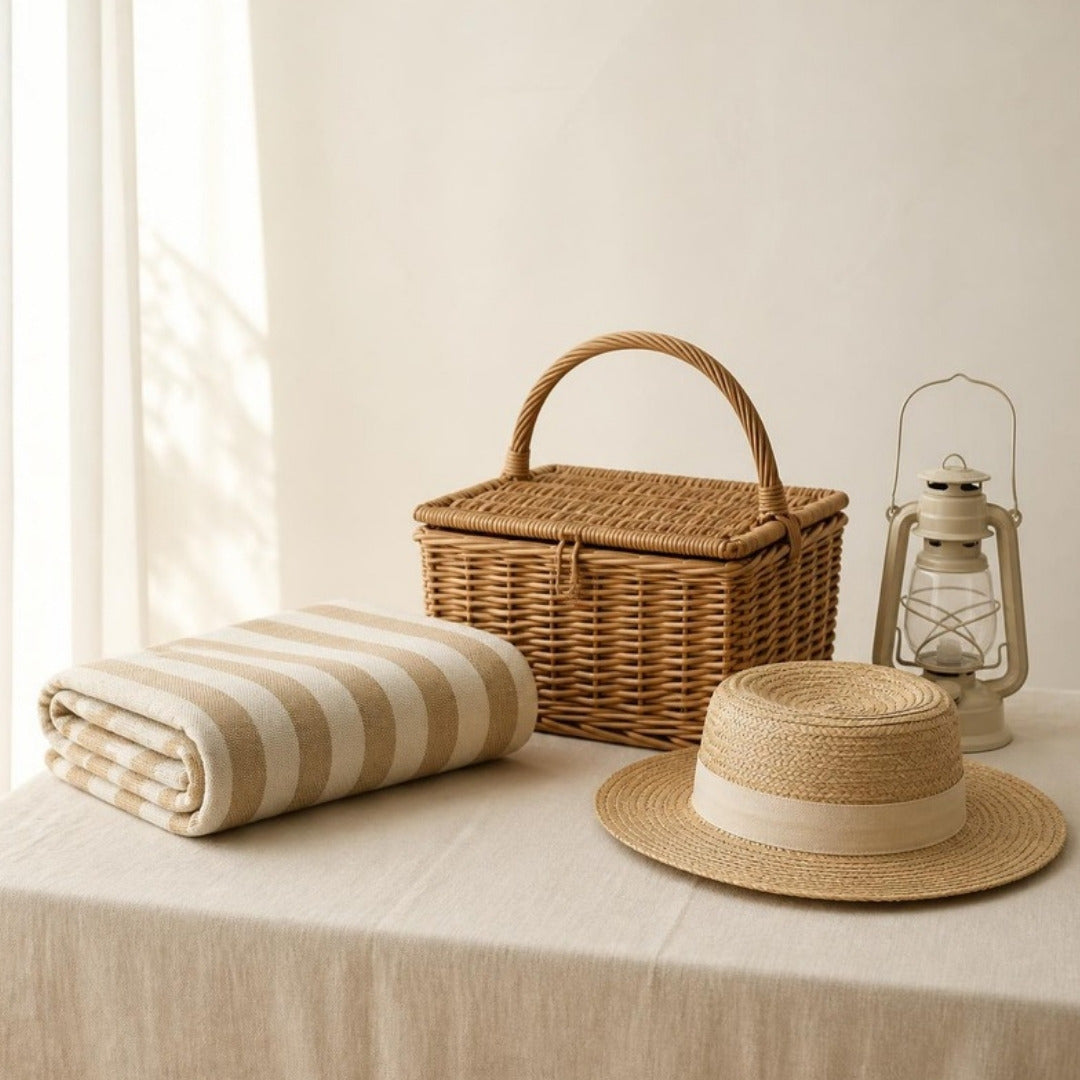 A striped picnic blanket, a wicker picnic basket, a straw hat and a lantern on cream linen