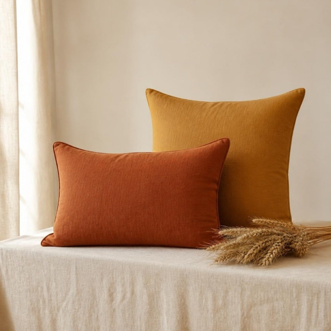 Rust and mustard cushions with dried wheat on cream linen