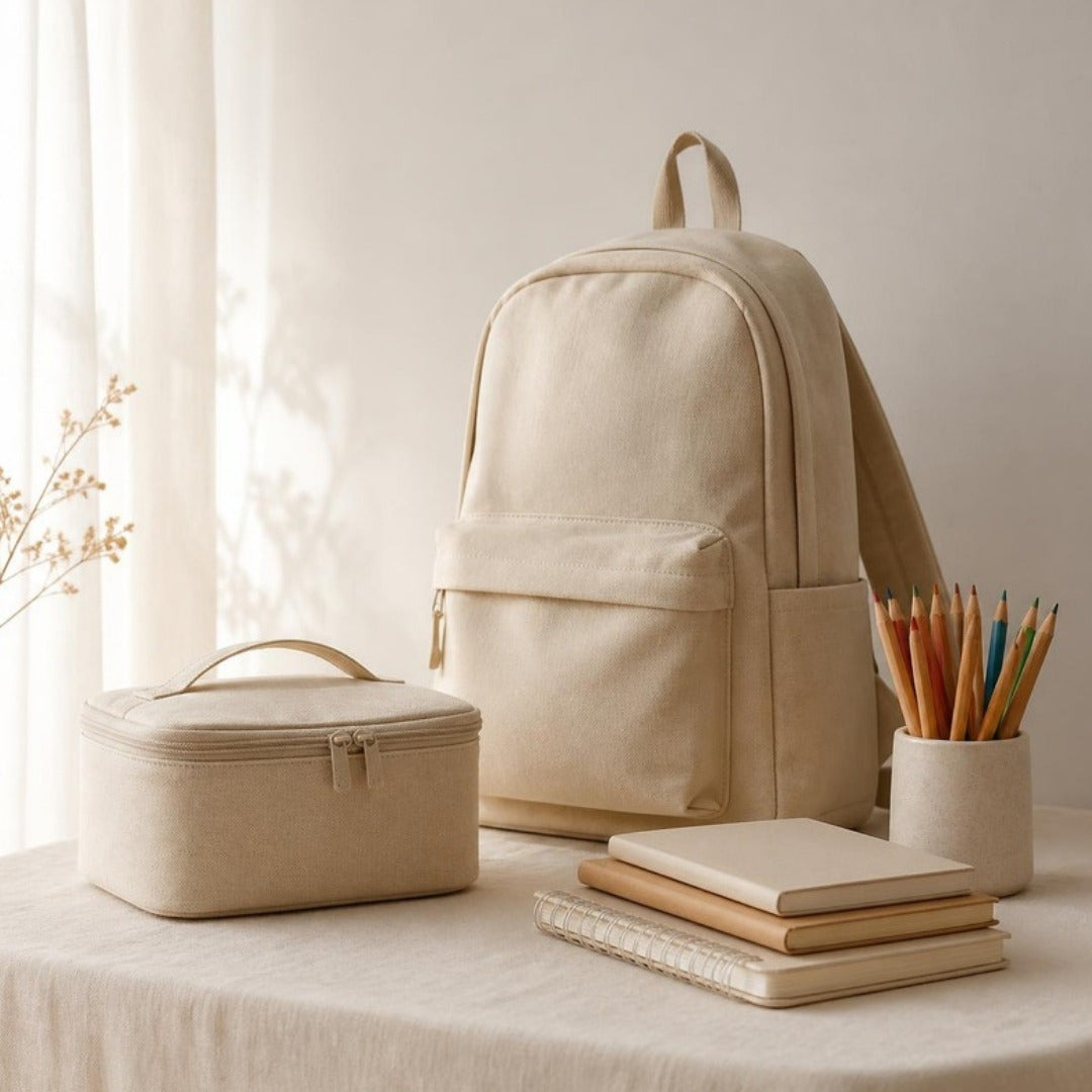A canvas backpack, a lunch box, notebooks and coloured pencils on cream linen