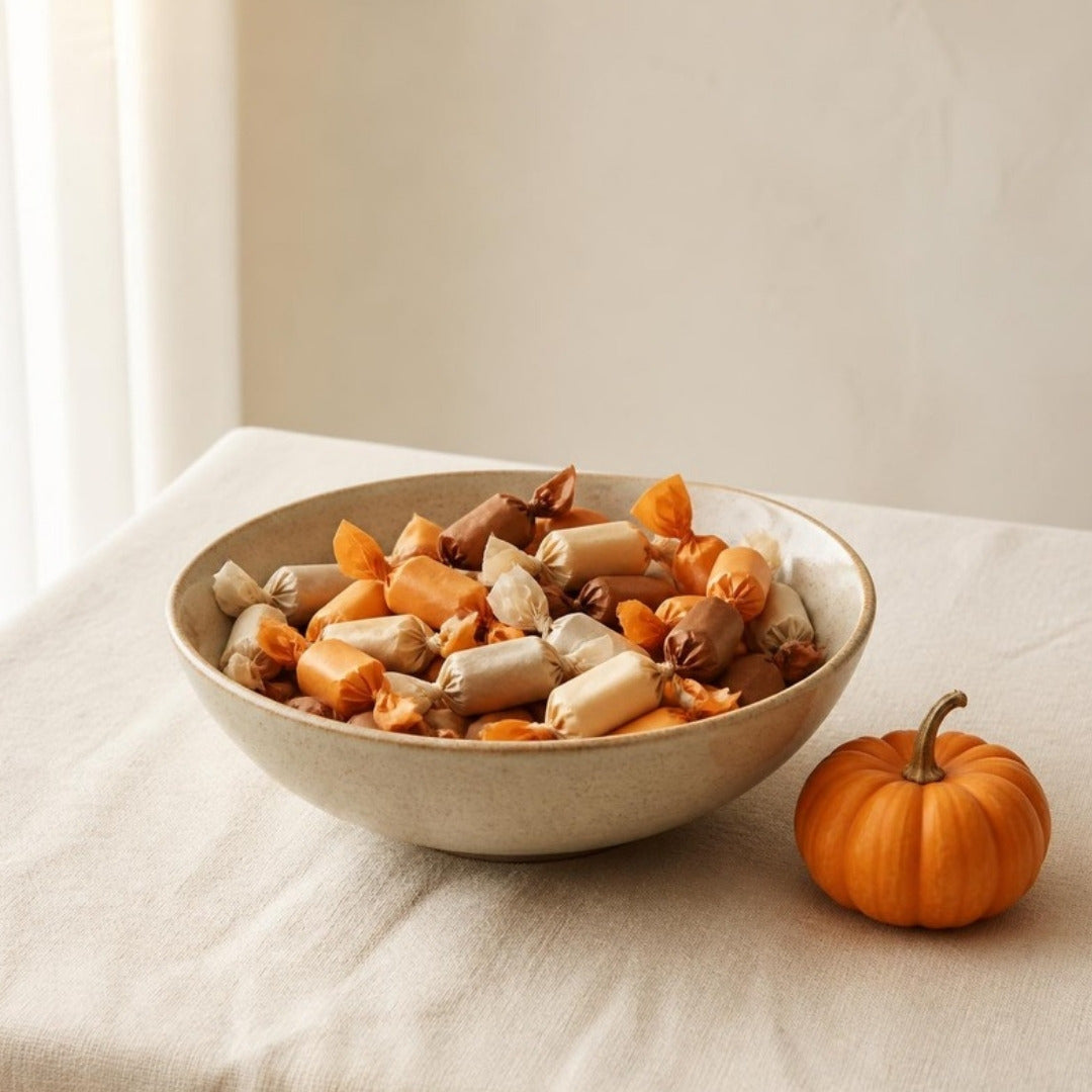 Wrapped candies in a ceramic bowl with a tiny pumpkin on cream linen