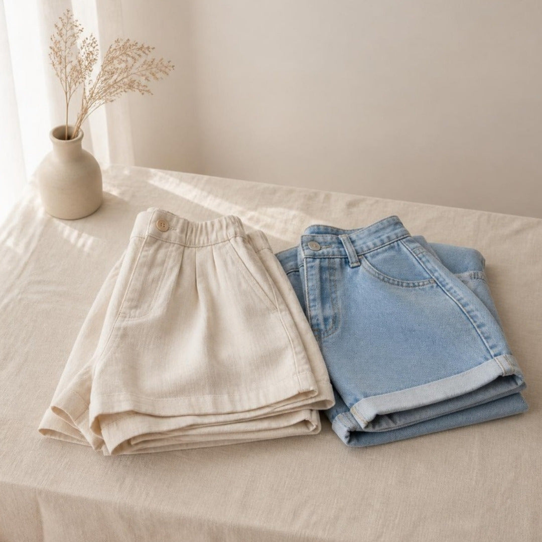 Folded women's cream linen and light denim shorts