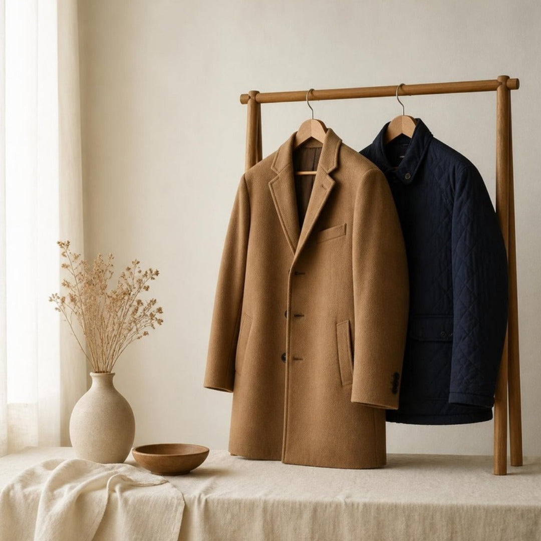 Men's camel wool coat and navy quilted jacket on a wooden rack