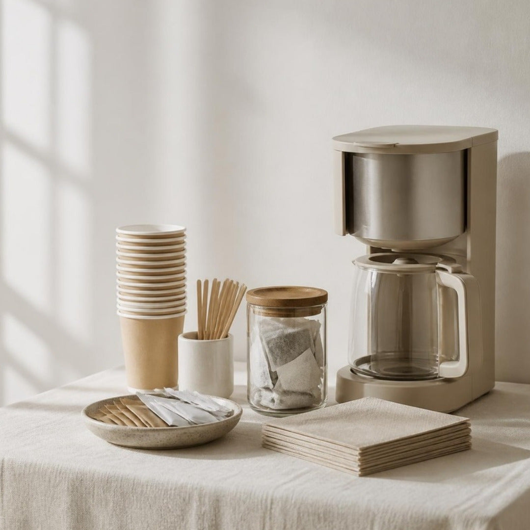 Paper cups, coffee maker, tea jar, sugar packets and napkins