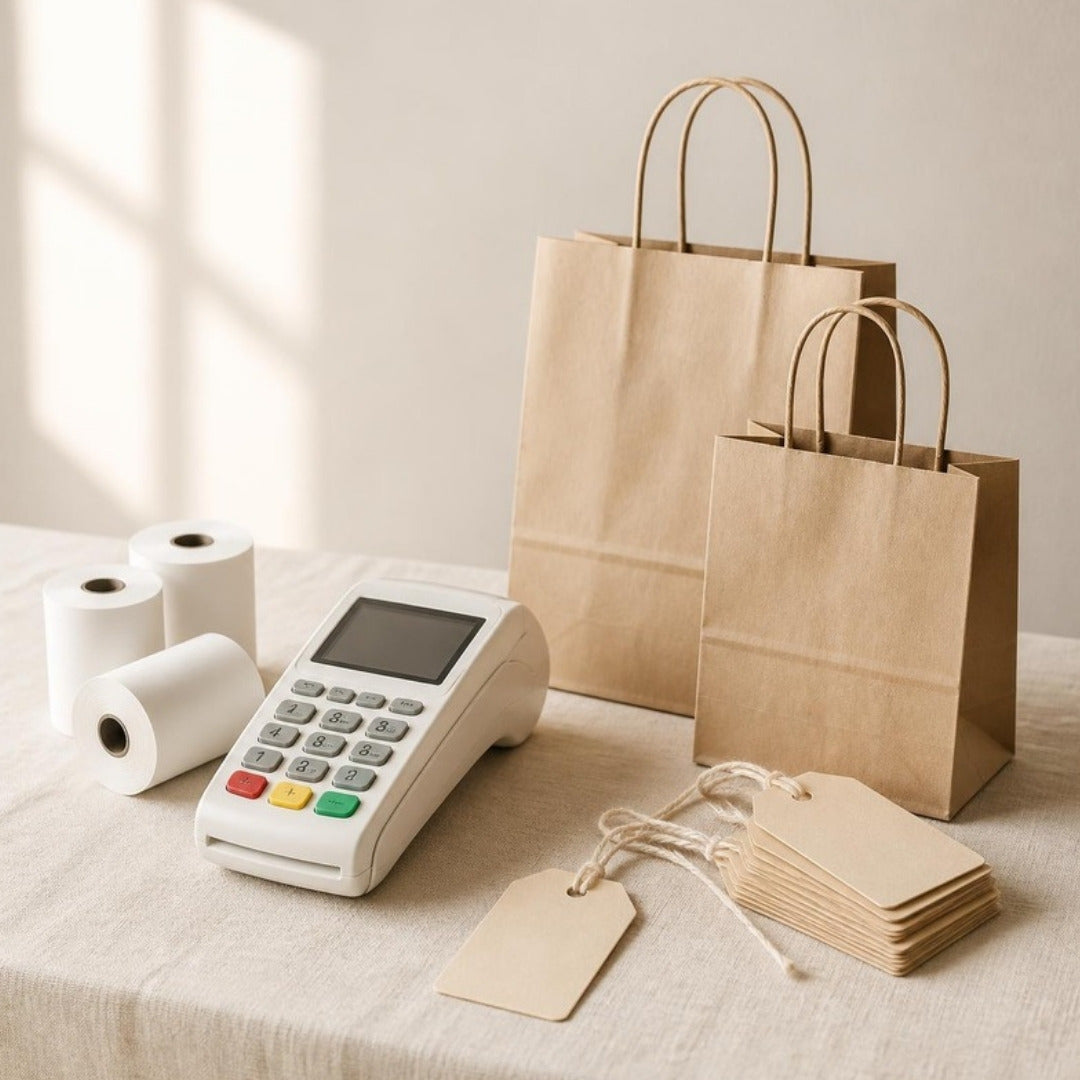 Card payment terminal, receipt rolls, price tags and kraft shopping bags