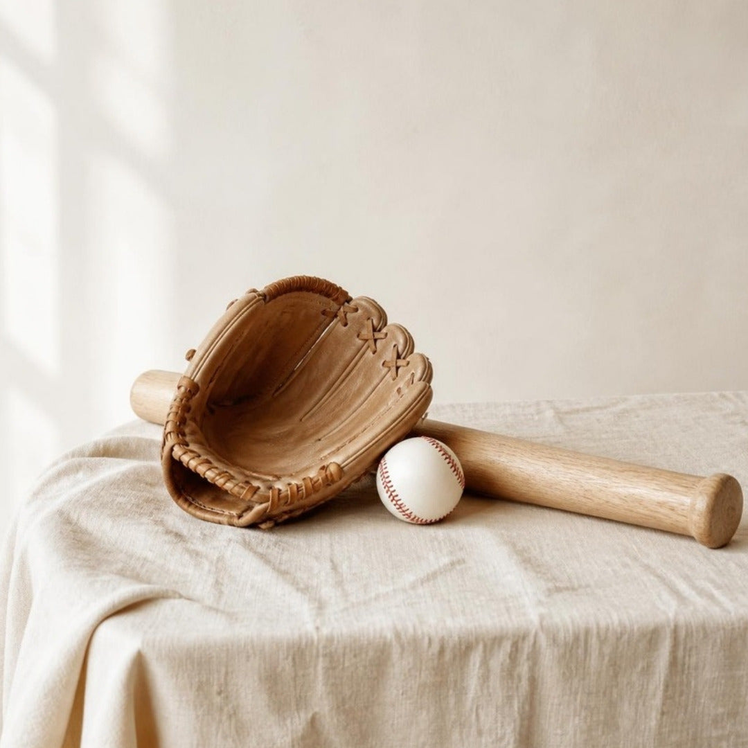 Leather baseball glove, white baseball and wooden bat on cream linen
