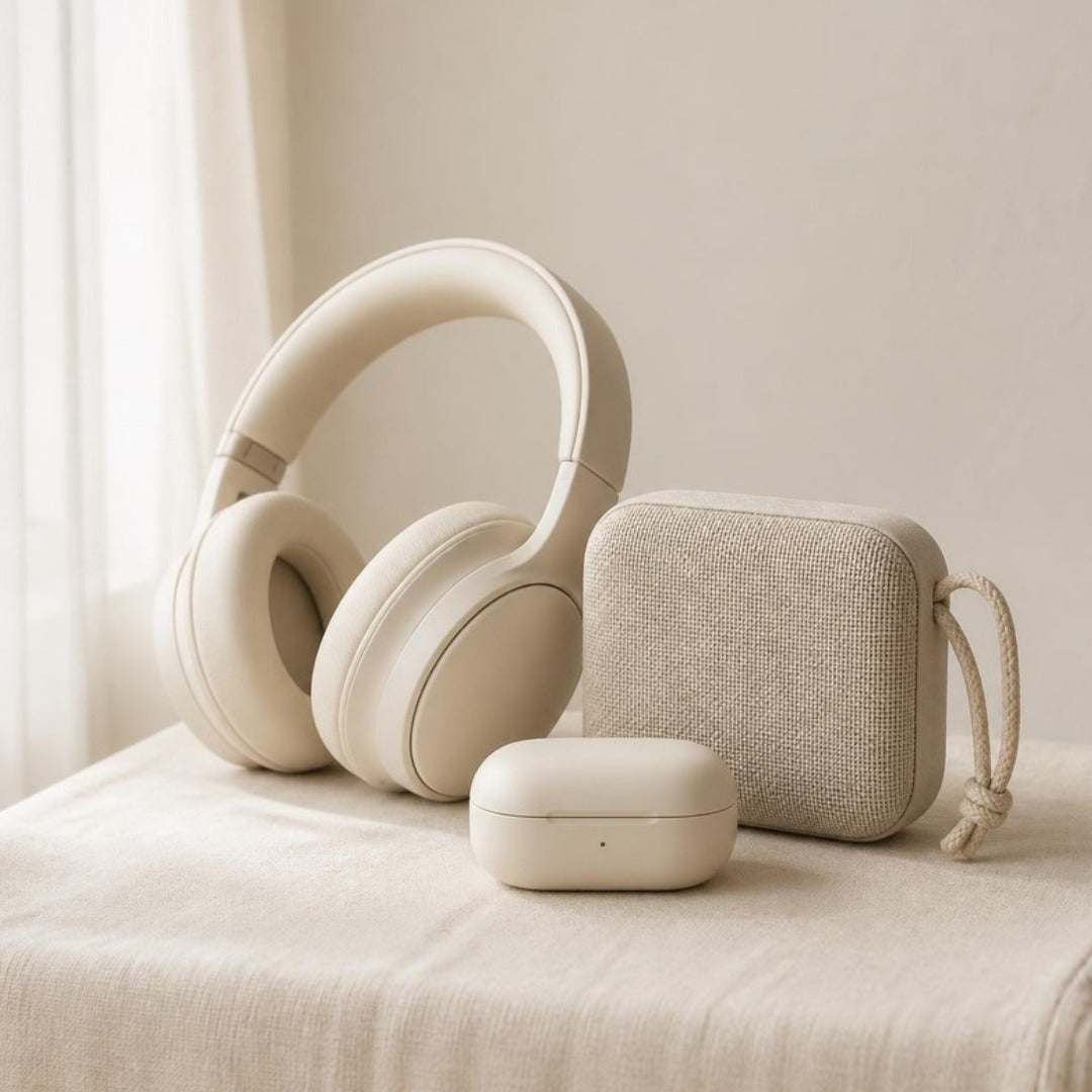 Cream over-ear headphones, fabric bluetooth speaker and earbuds case on cream linen