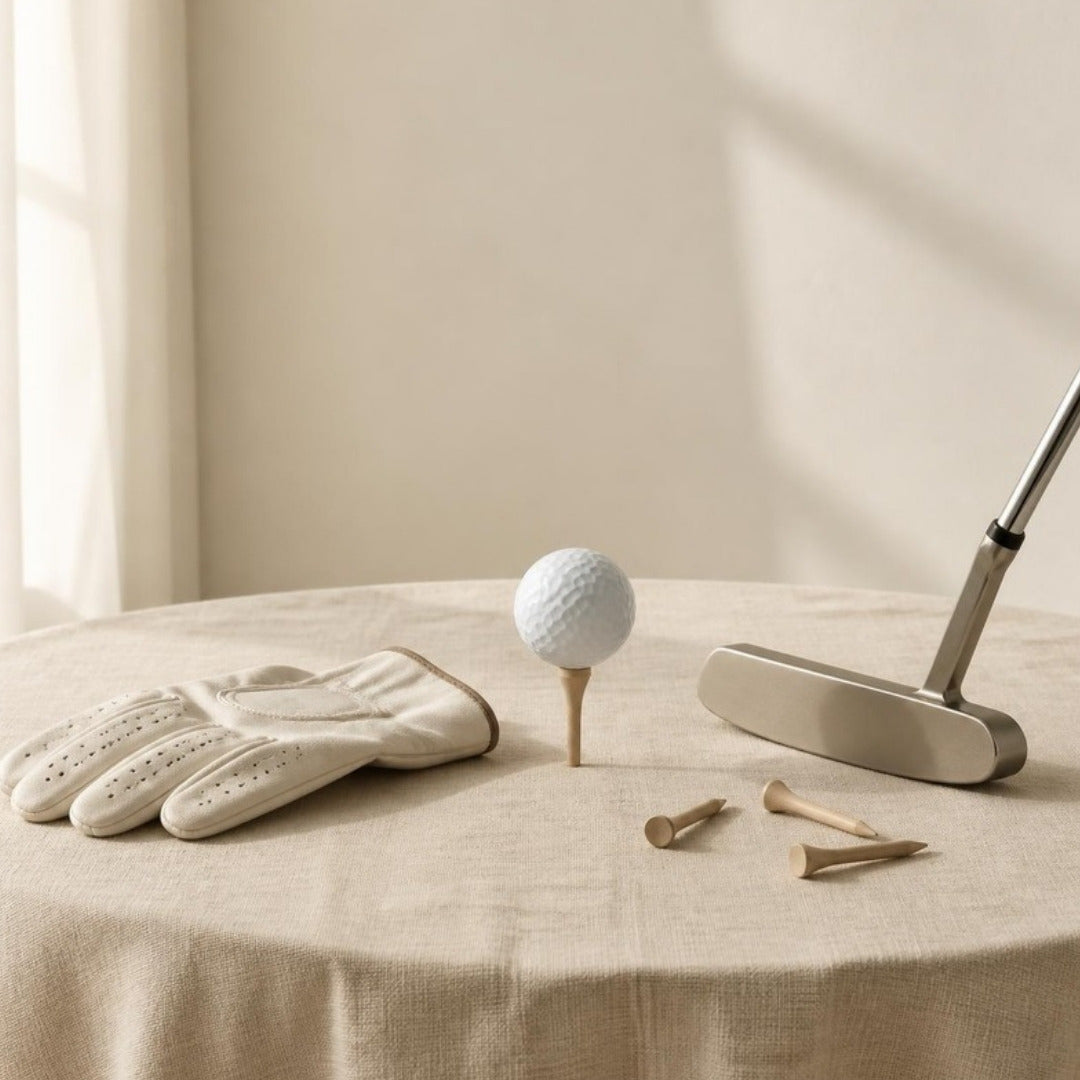 Golf ball on a tee, golf glove, putter and scattered tees on cream linen
