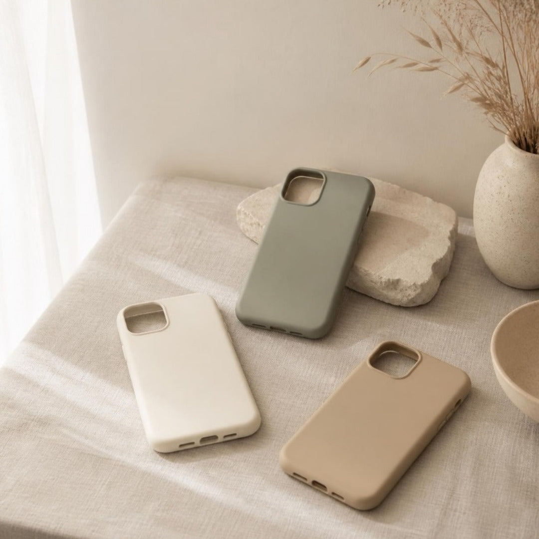 Smartphone cases in cream, sage and sand laid flat on cream linen