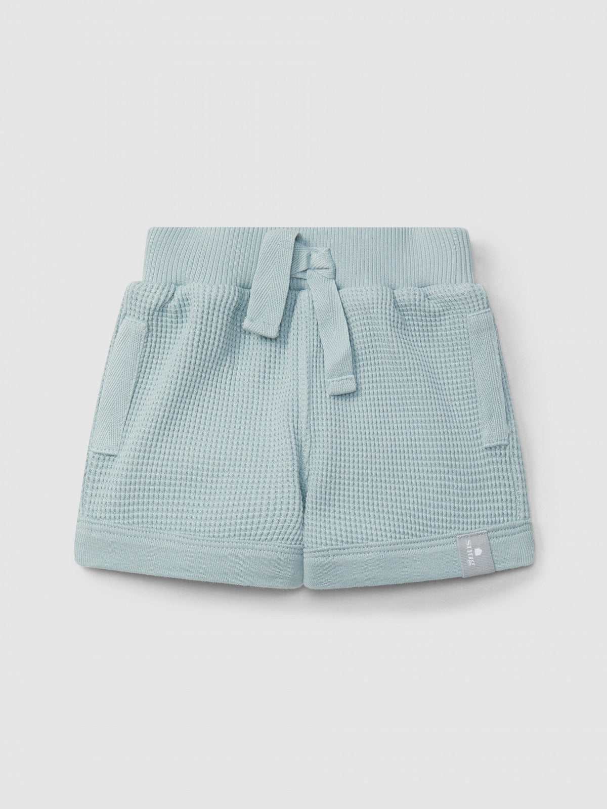 Snug Waffle Weave Pull-Up Shorts, Mint Blue